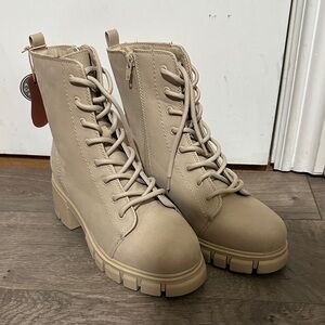 MIA Beige Lace-Up Chunky Combat Boots
